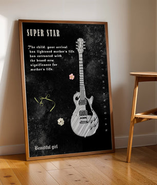 Ilustración de guitarra en blanco y negro artística con texto conmovedor