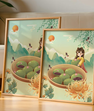 Charming Scene with Traditional Dress and Scenic Landscape Featuring Floral Elements and Birds