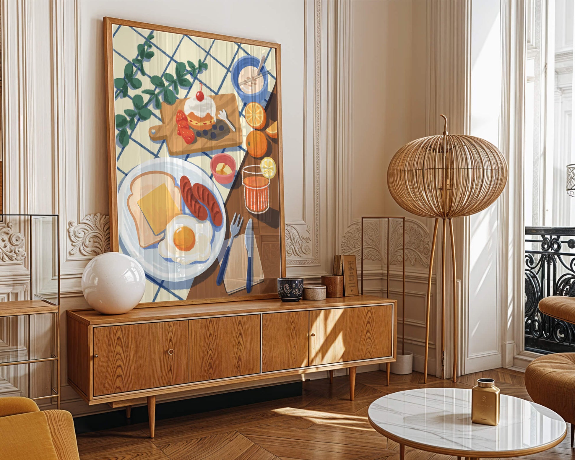 Desayuno encantador con jugo de naranja fresco y pasteles