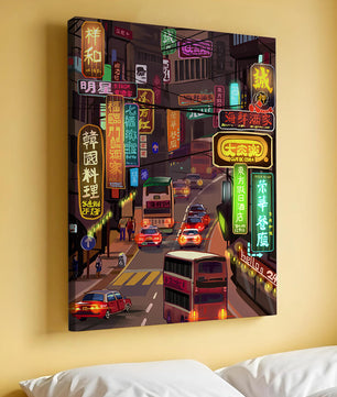 Vibrant urban street with neon signs and bustling traffic at night
