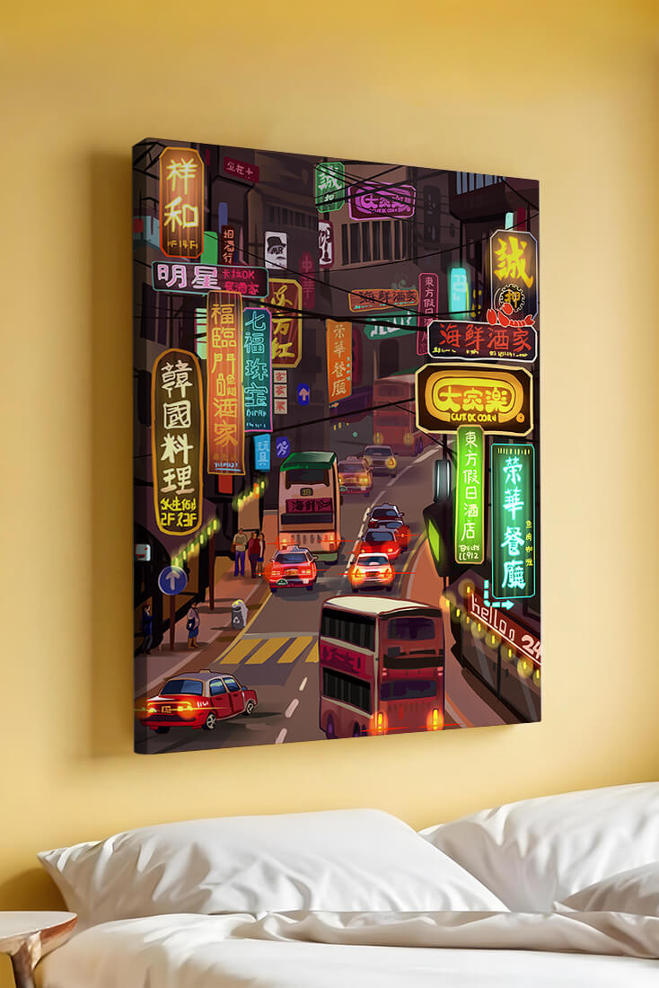 Vibrant urban street with neon signs and bustling traffic at night