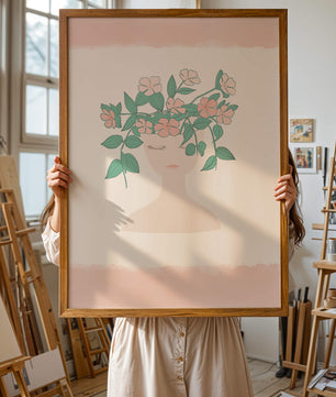 Illustration of a Minimalist Face with Floral Headpiece and Pink Background