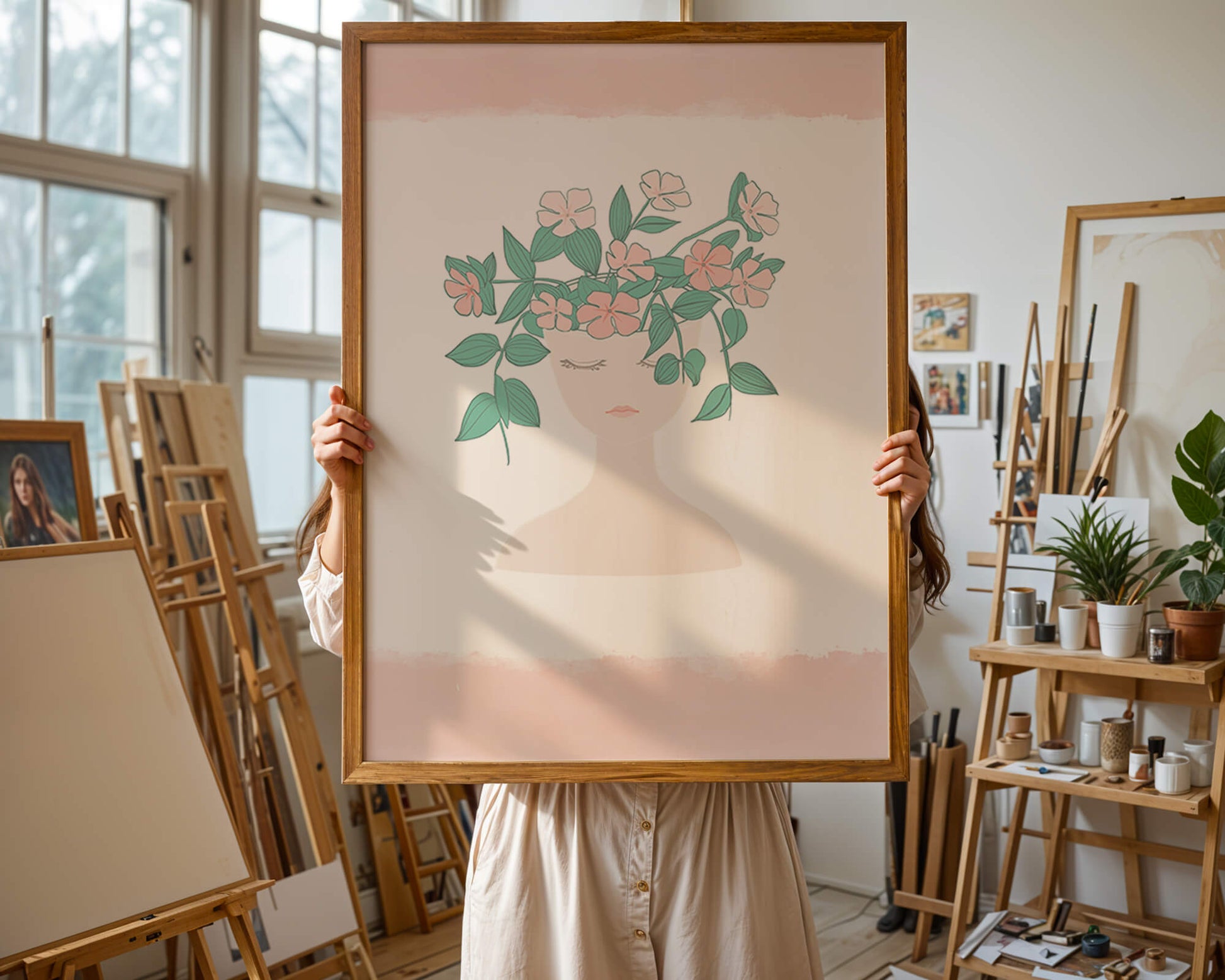 Illustration of a Minimalist Face with Floral Headpiece and Pink Background