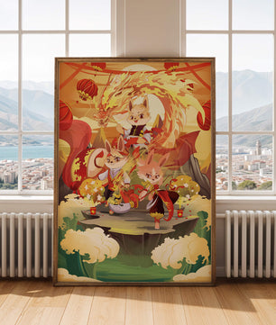 Fantastical scene with anthropomorphic animals and a dragon in a vibrant setting