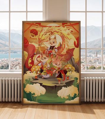 Fantastical scene with anthropomorphic animals and a dragon in a vibrant setting