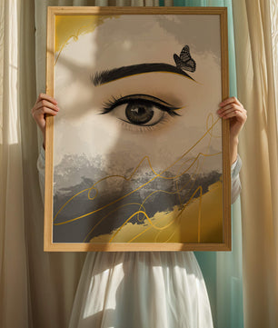 Artistic eye illustration with butterfly and abstract gold accents