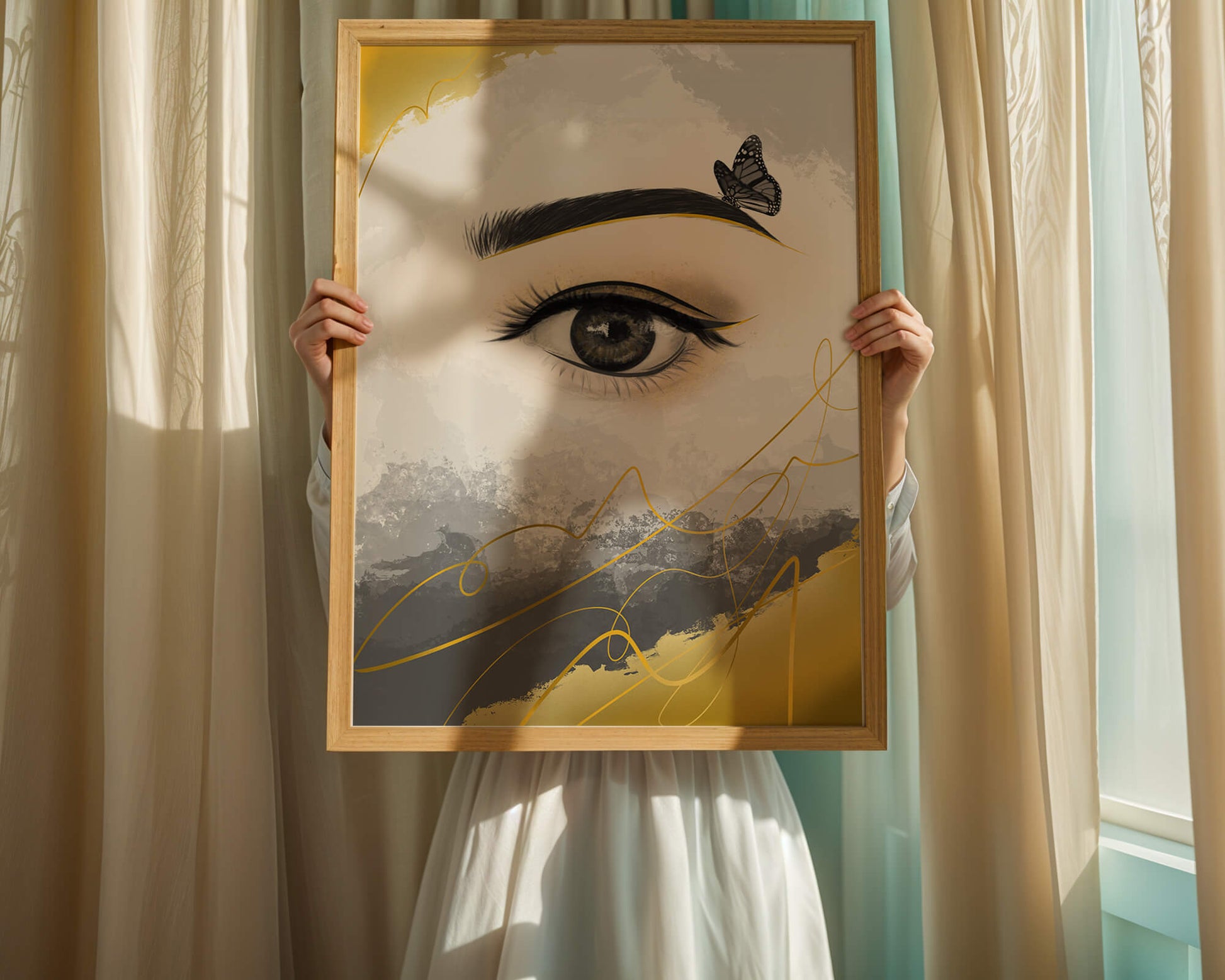 Artistic eye illustration with butterfly and abstract gold accents