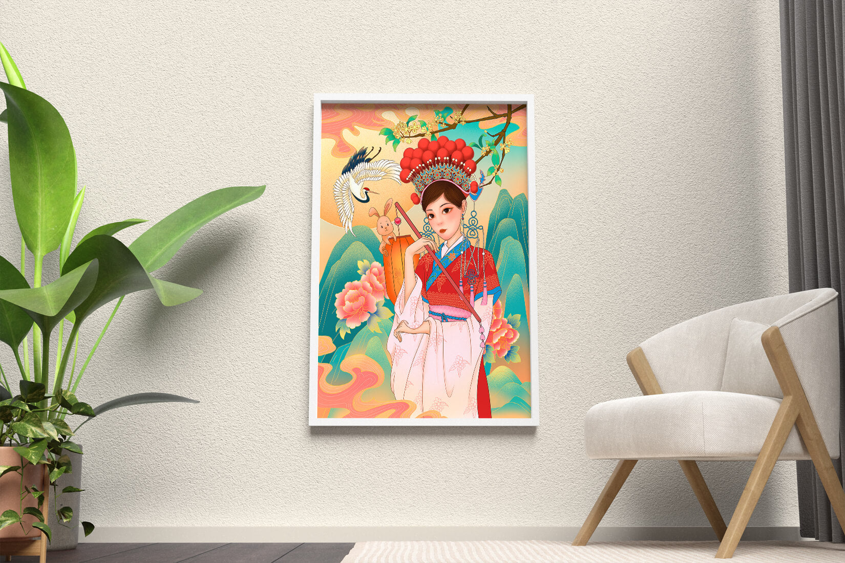 Elegant traditional Chinese illustration featuring a woman in vibrant attire with floral and animal motifs
