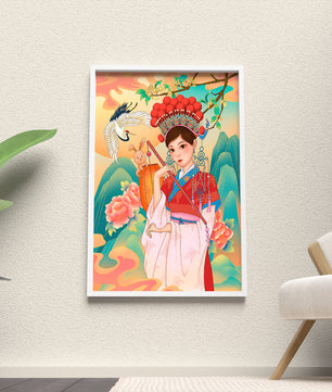 Elegante traditionelle chinesische Illustration mit einer Frau in lebendiger Kleidung mit Blumen- und Tiermotiven