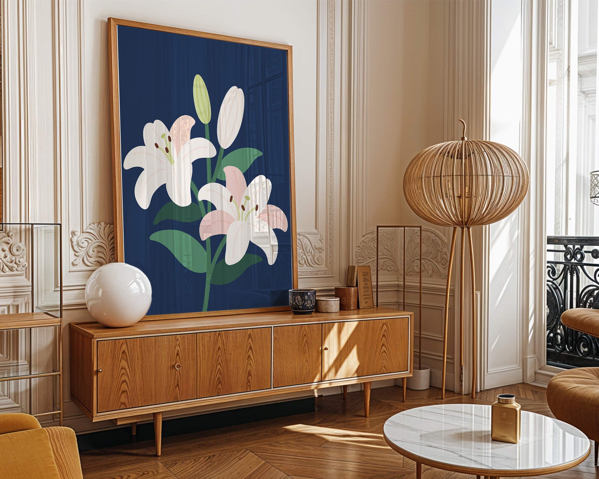 Lirios elegantes sobre un fondo azul oscuro