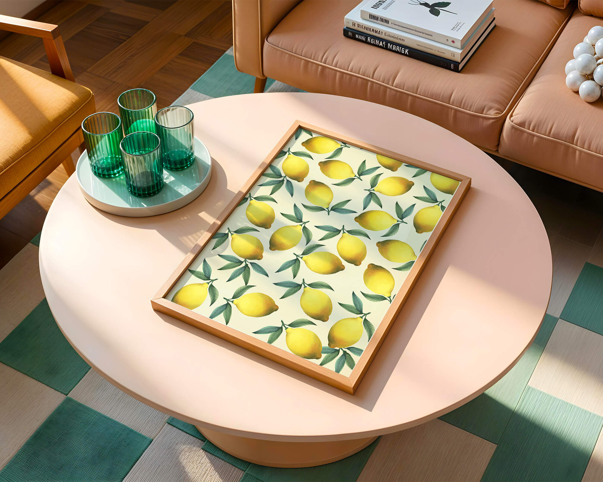 Vibrant lemon pattern with green leaves on a light background