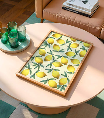 Vibrant lemon pattern with green leaves on a light background