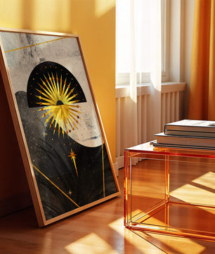 Abstract cosmic design featuring golden sunburst and celestial elements