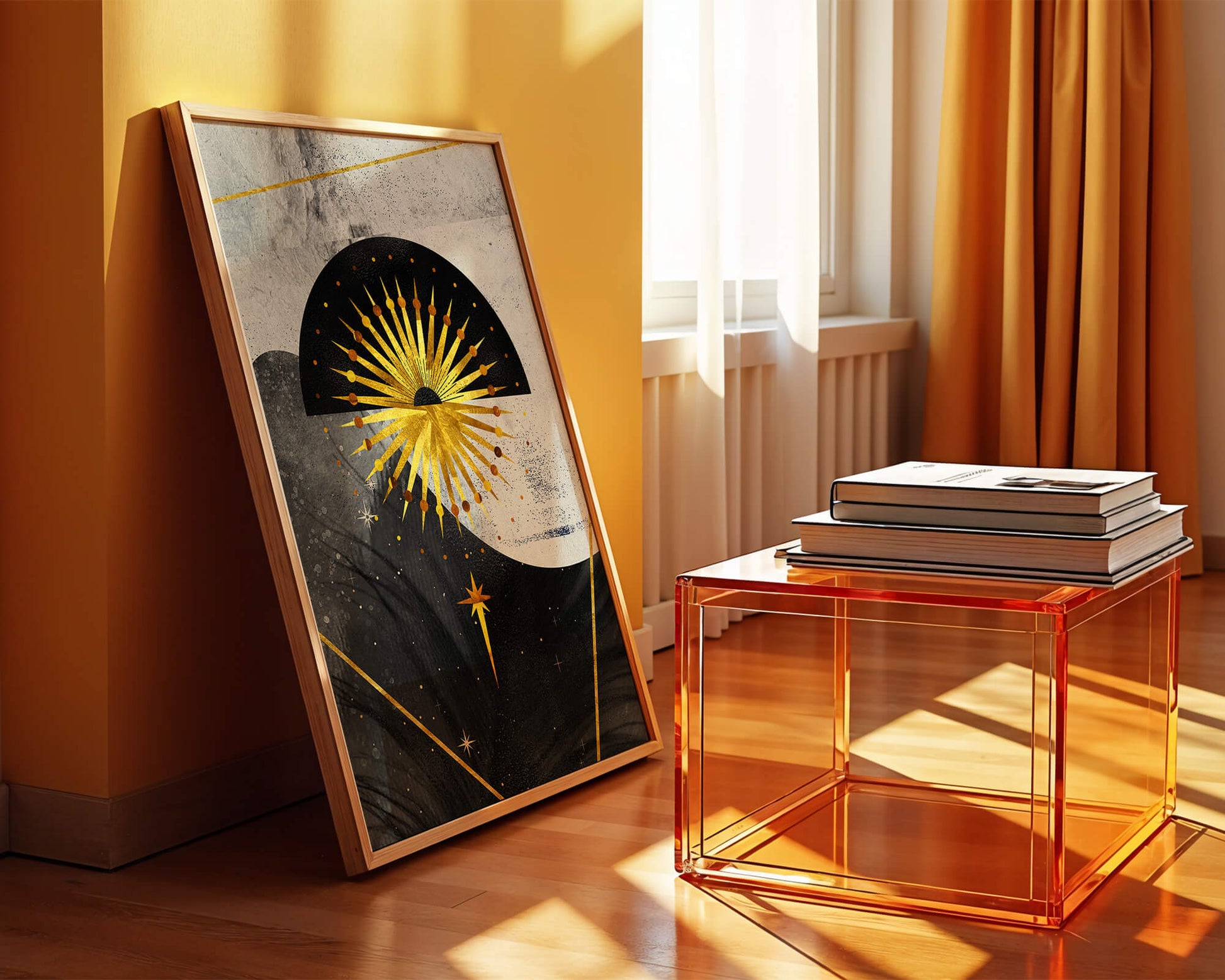 Abstract cosmic design featuring golden sunburst and celestial elements