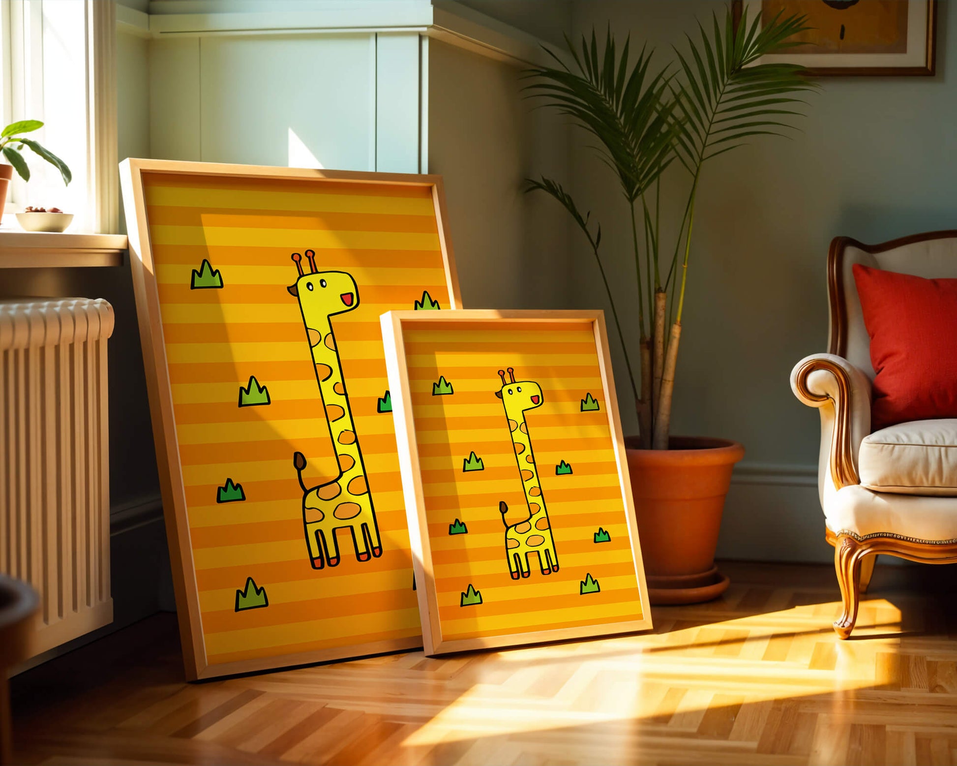 Bright cartoon giraffe illustration on a striped background