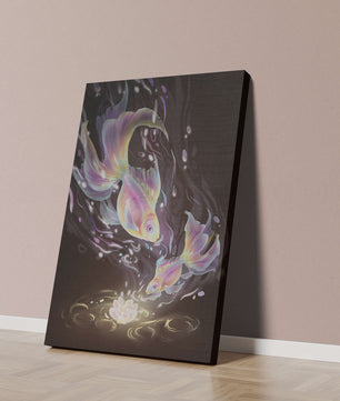 Colorful Koi Fish in a Dreamlike Underwater Scene with Illuminated Elements
