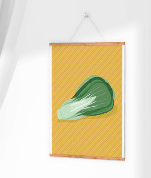 Illustrated bok choy on vibrant yellow background with stripes