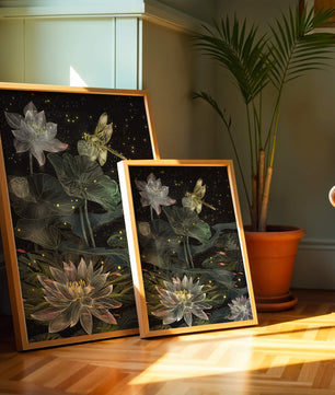 Lotus Flowers and Dragonfly in Nighttime Pond