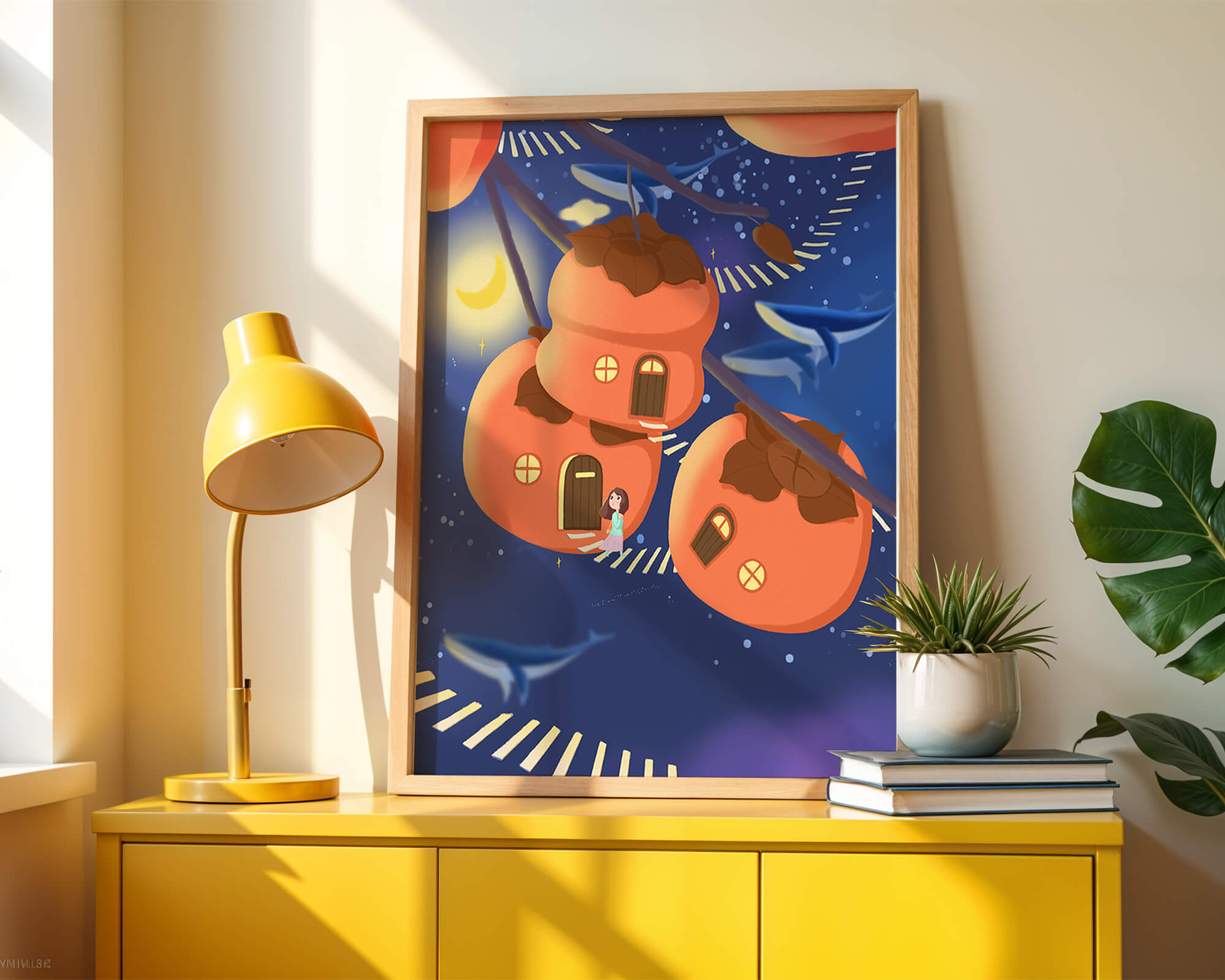 Whimsical night scene with floating persimmon houses and swimming whales