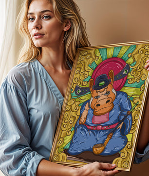 Ilustración colorida de un personaje animal caprichoso con alrededores ornamentados