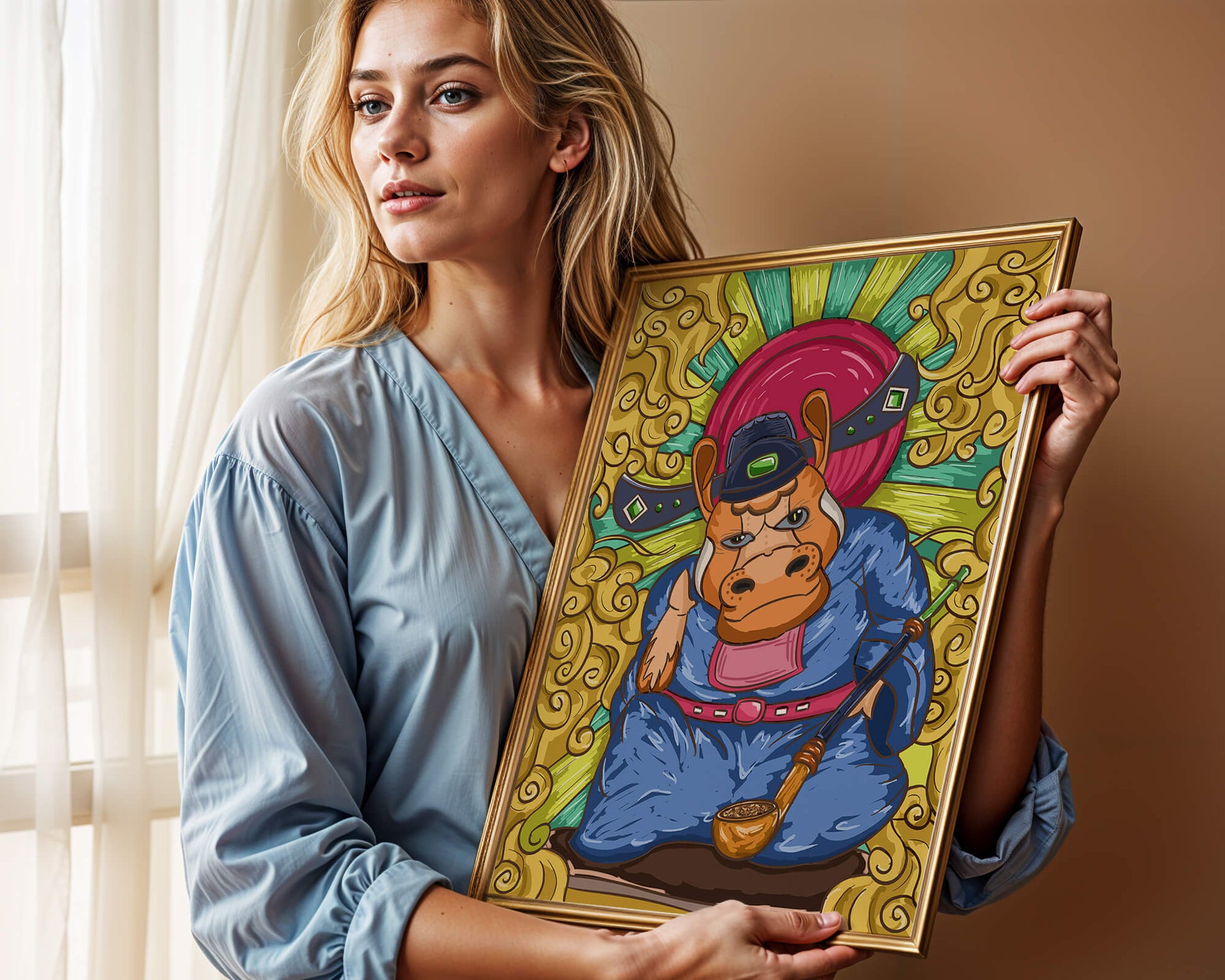 Traducción al español: Ilustración colorida de un personaje animal caprichoso con decoraciones ornamentadas a su alrededor.