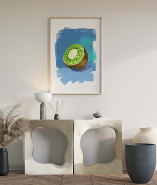 Illustration of a kiwi with a textured blue background