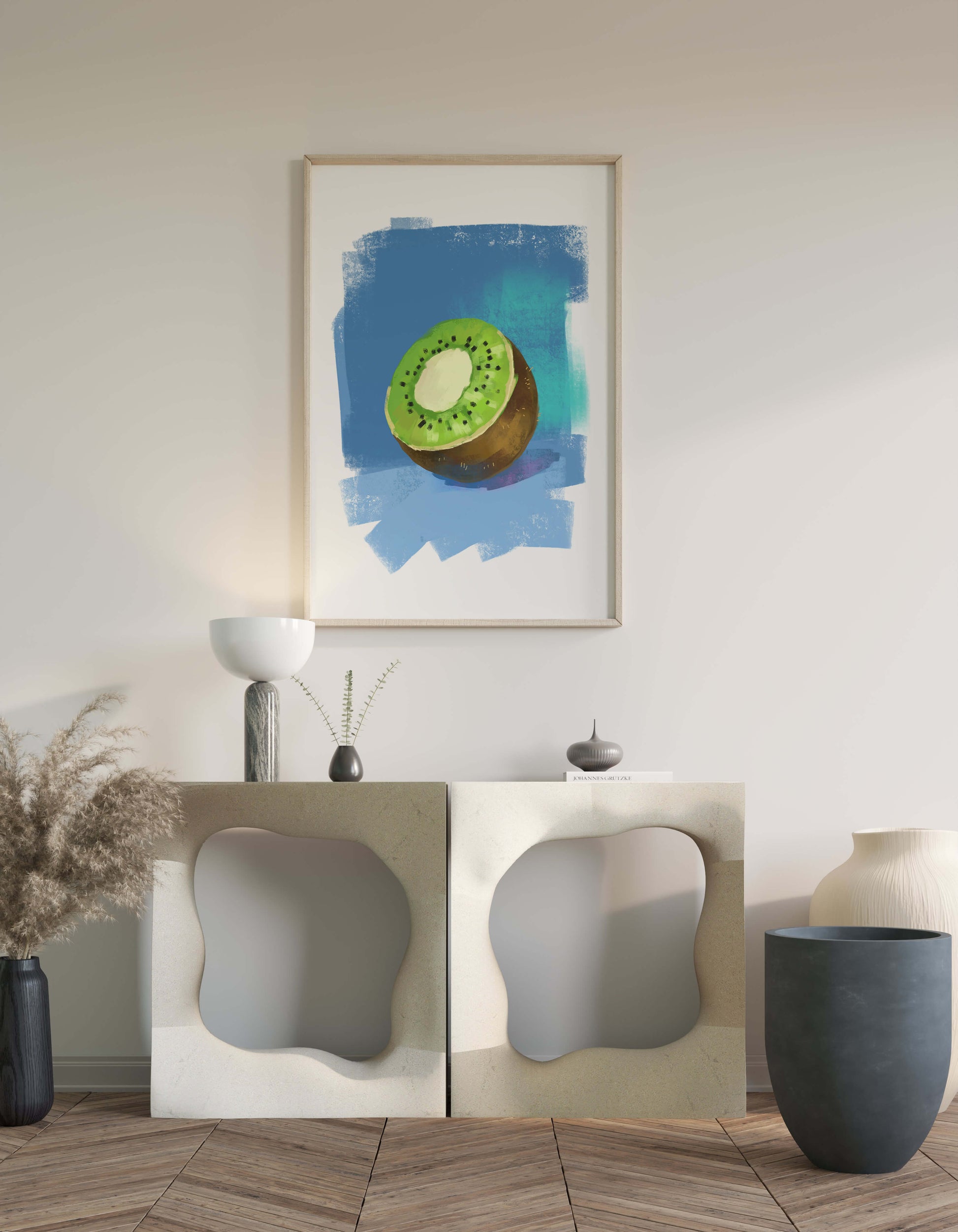 Illustration of a kiwi with a textured blue background
