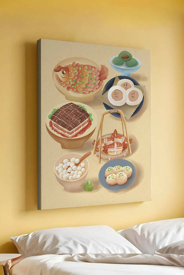 Colorful Chinese Cuisine Illustration with Various Dishes
