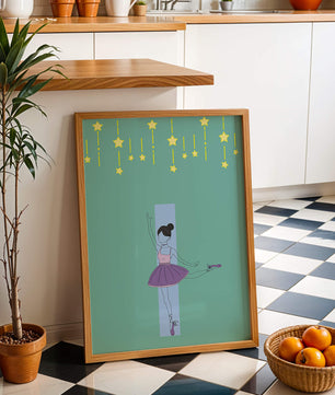 Elegant ballerina illustration with stars on a teal background