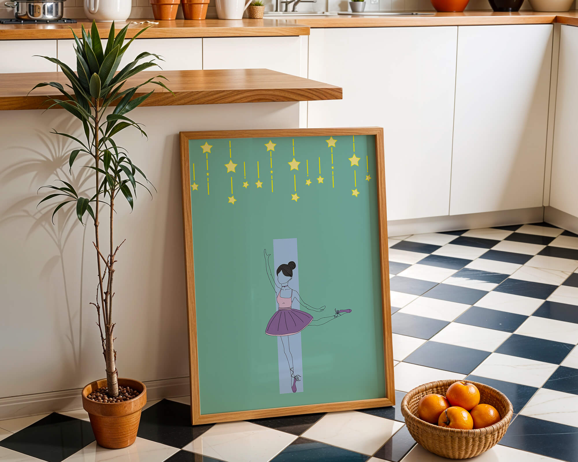 Elegant ballerina illustration with stars on a teal background