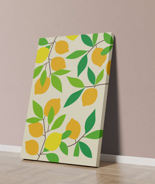 Vibrant lemon pattern with colorful leaves and citrus fruits