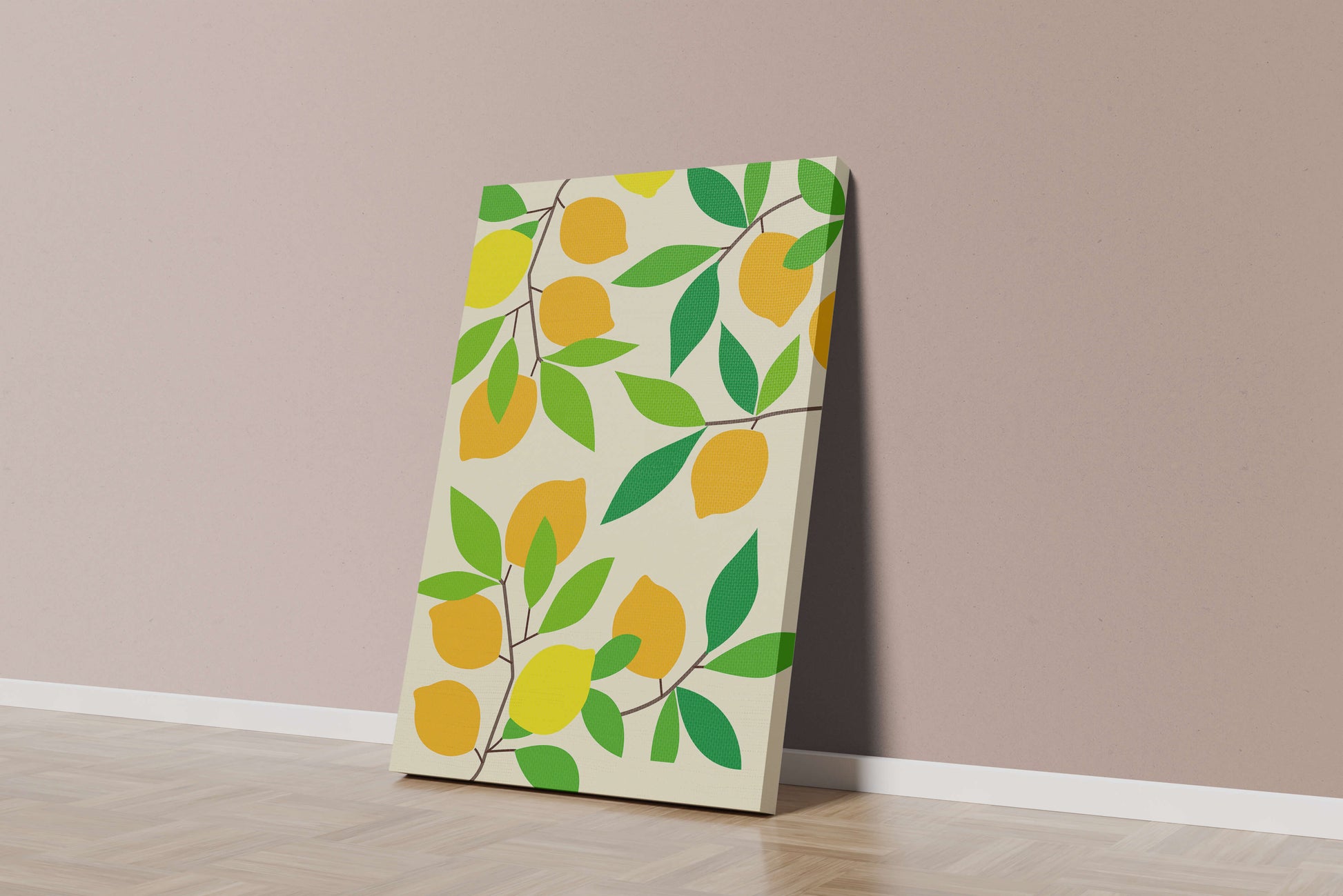 Vibrant lemon pattern with colorful leaves and citrus fruits