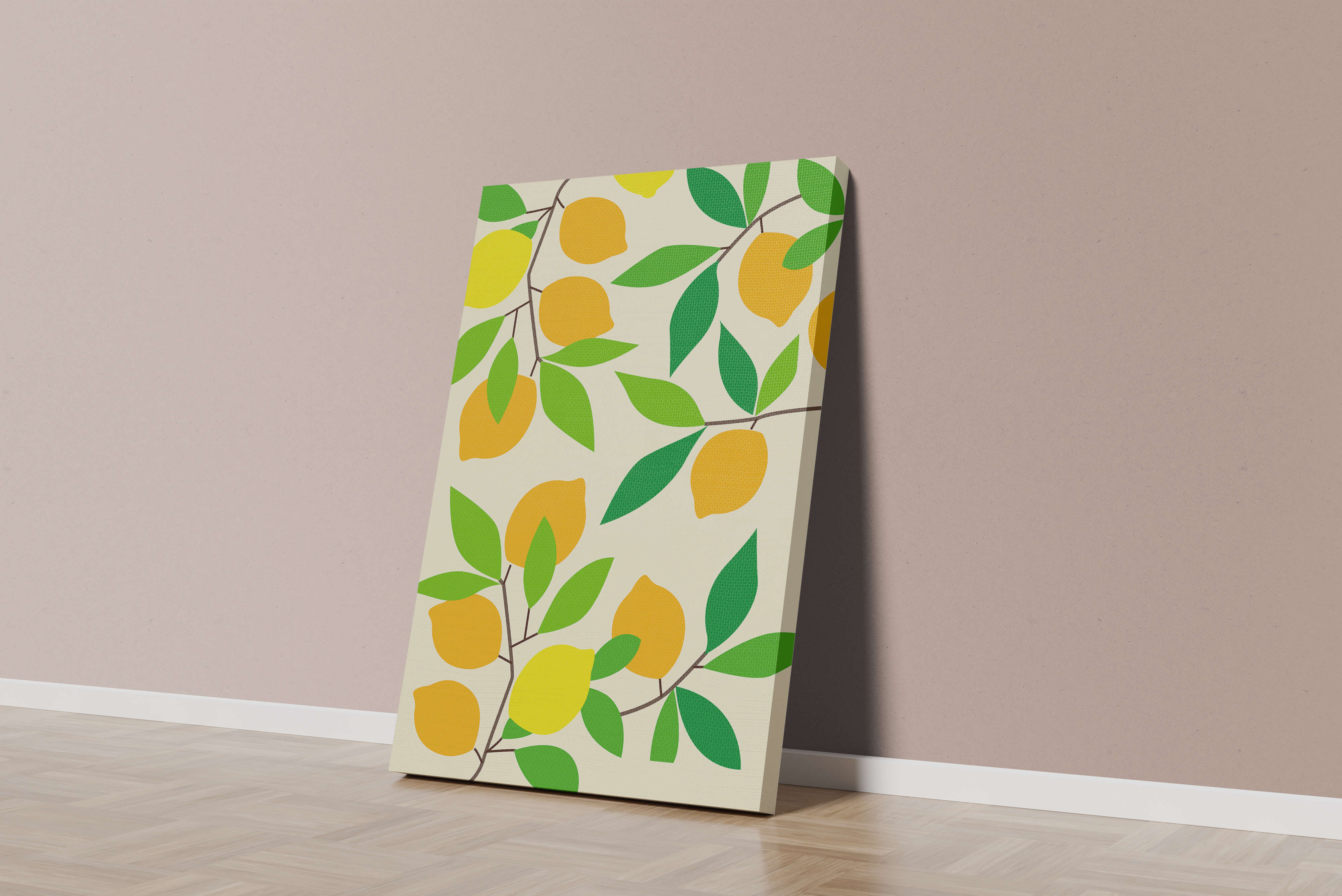 Vibrant lemon pattern with colorful leaves and citrus fruits