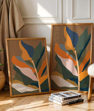 Abstract Botanical Illustration with Earthy Tones and Organic Shapes