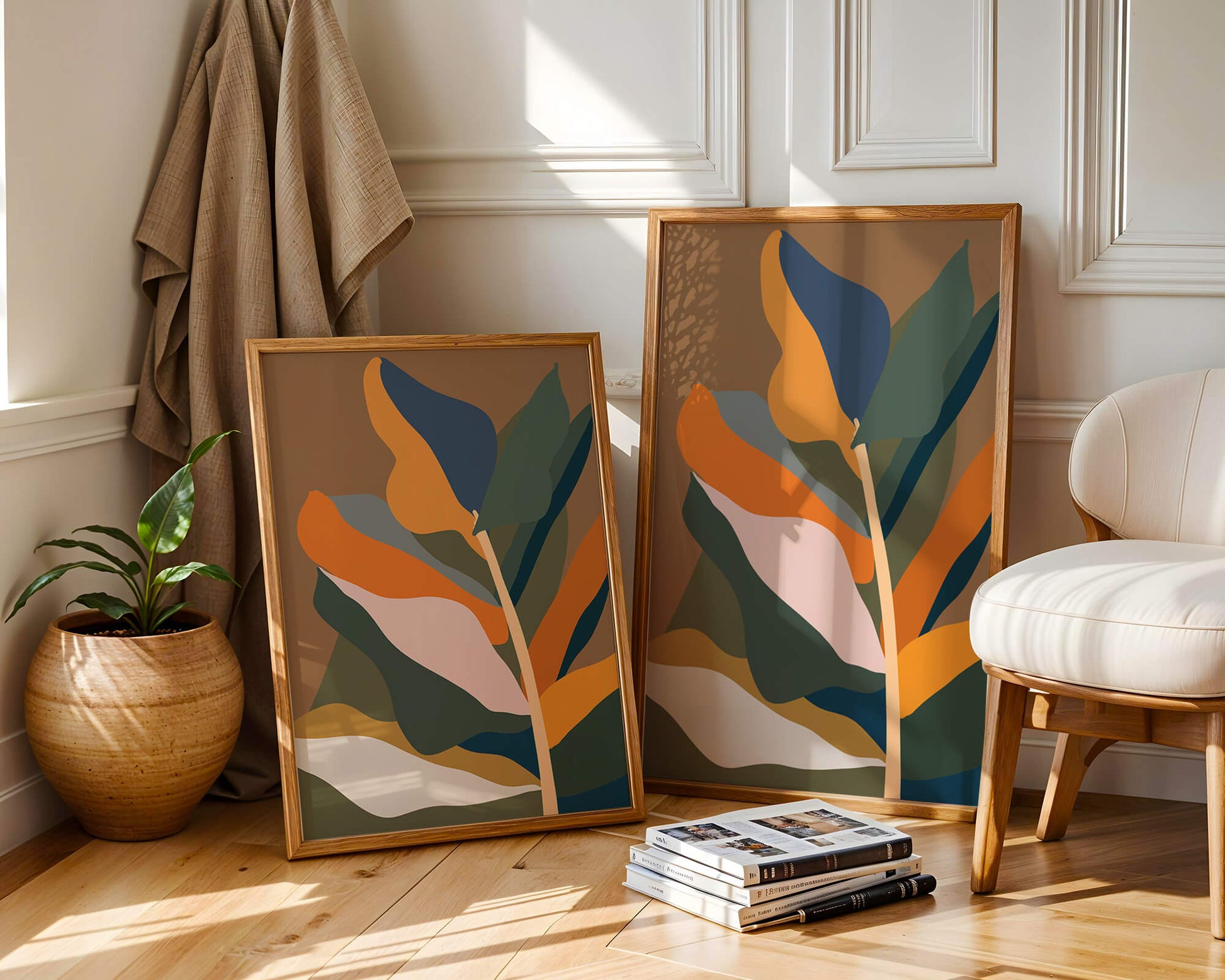 Abstract Botanical Illustration with Earthy Tones and Organic Shapes