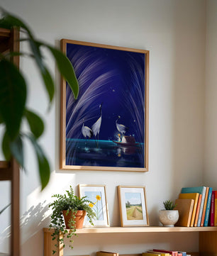 Serene night scene with graceful cranes and a magical boat ride