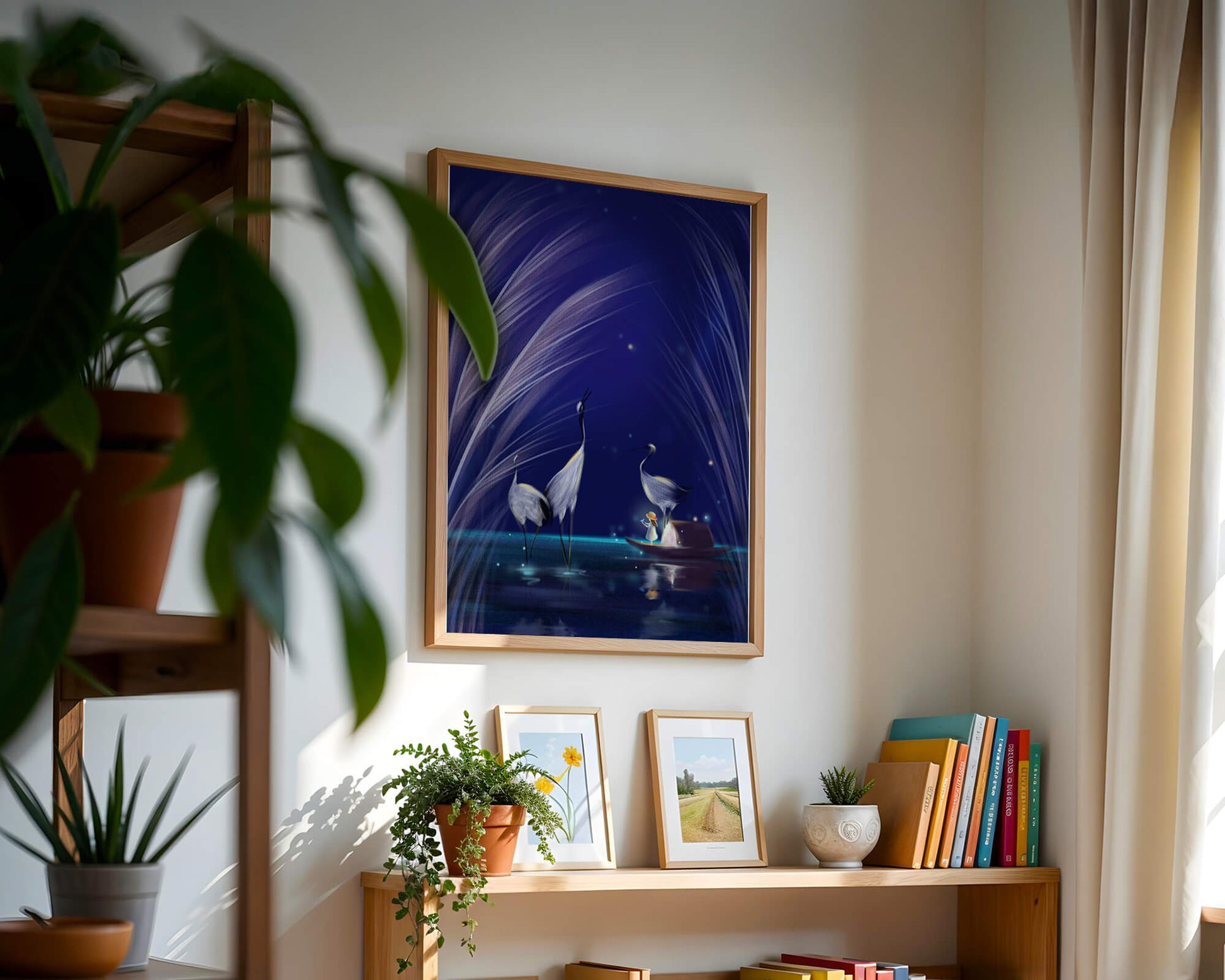 Serene night scene with graceful cranes and a magical boat ride