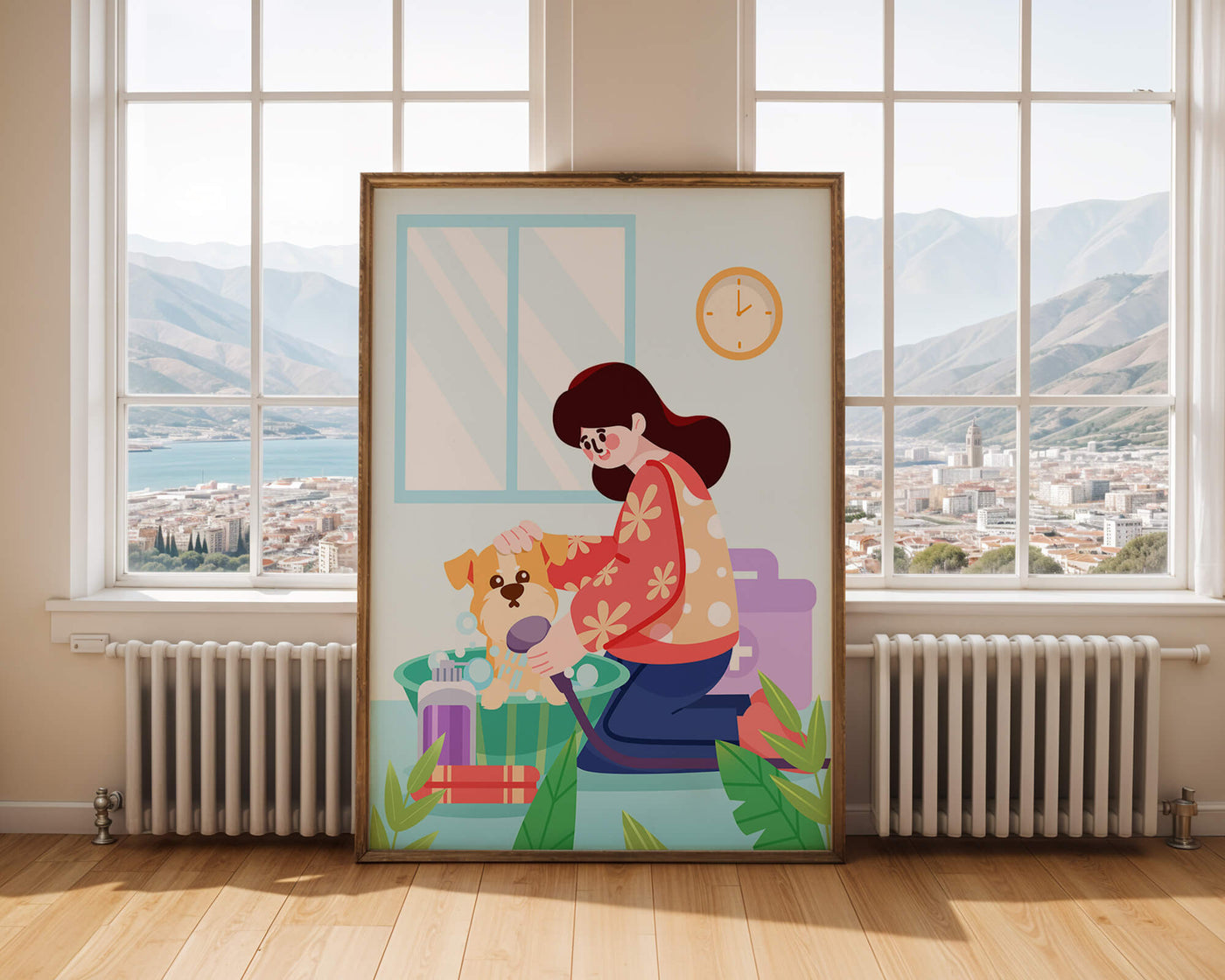 Woman giving a bath to a dog in a colorful bathroom setting