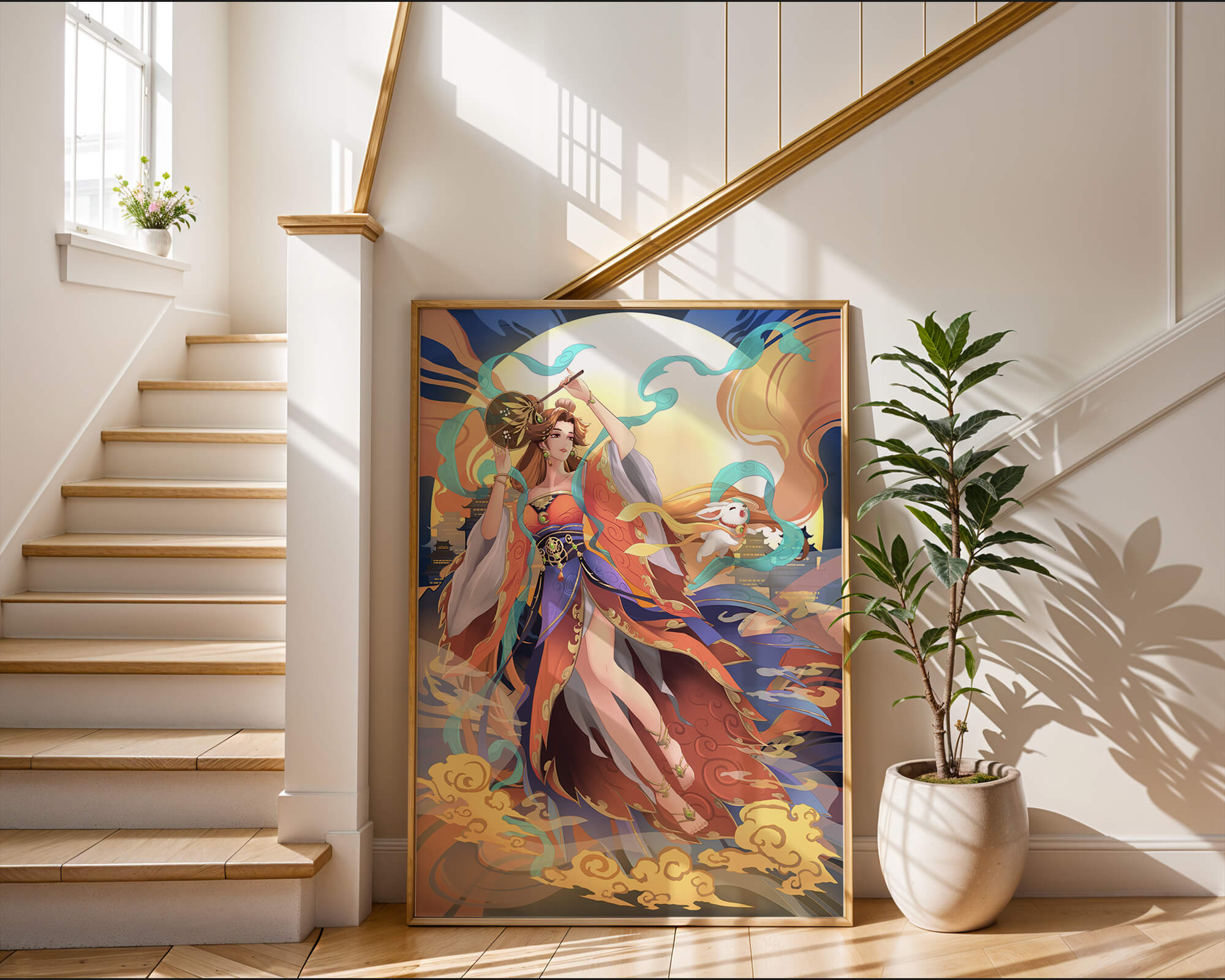 Elegant goddess with flowing robes against a mystical backdrop