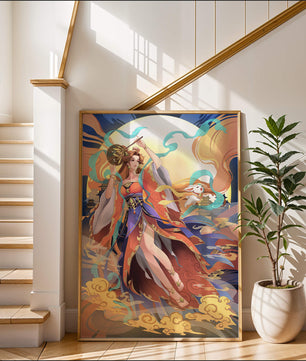 Elegant goddess with flowing robes against a mystical backdrop