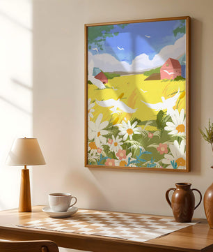 Summer Landscape with Birds and Flowers in a Pastoral Setting