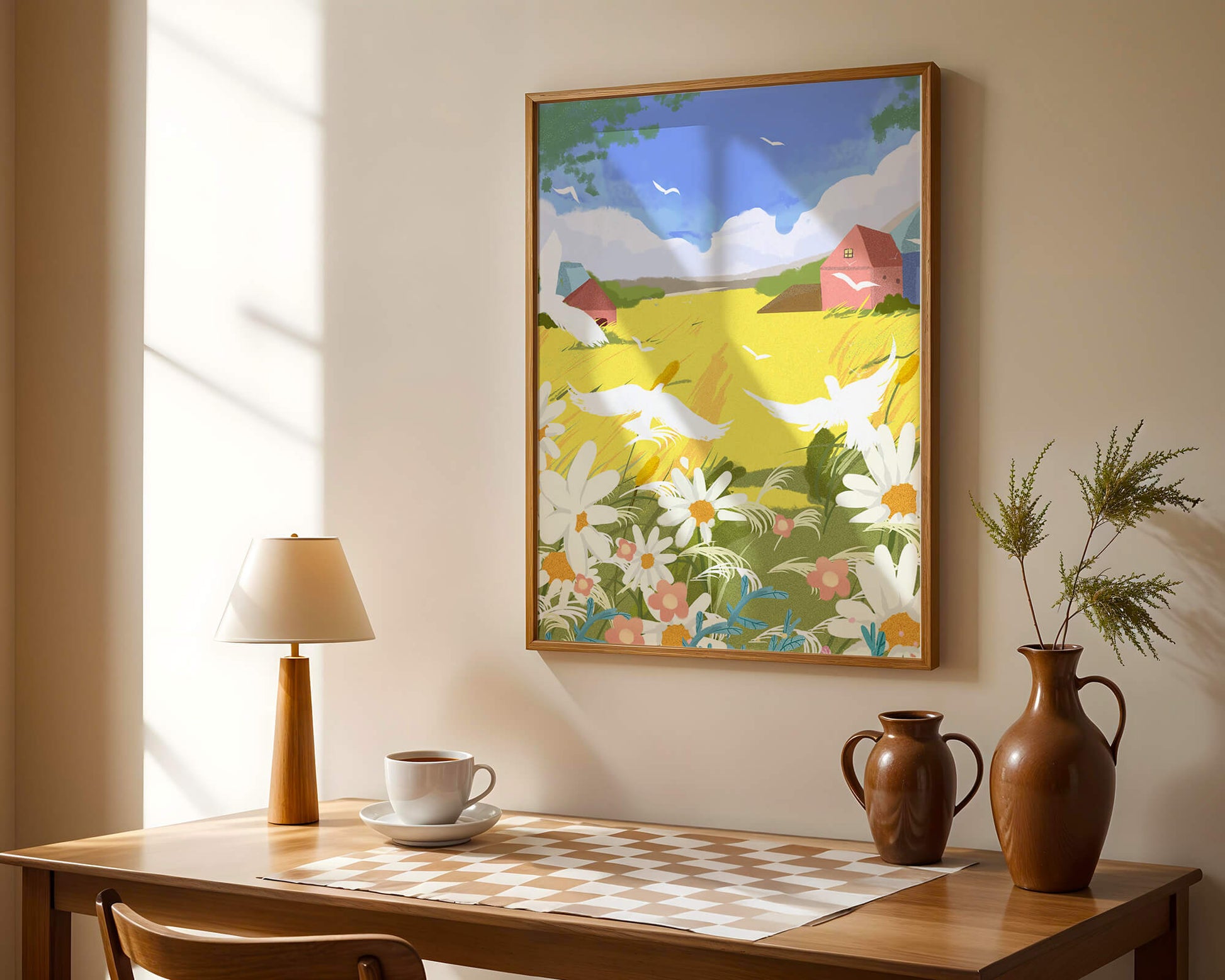 Summer Landscape with Birds and Flowers in a Pastoral Setting