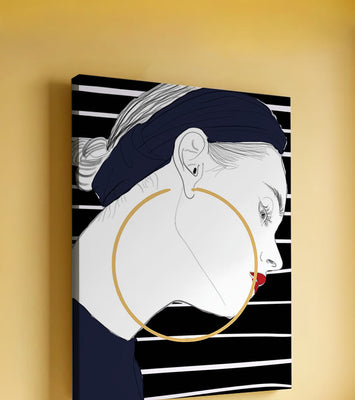 Profile of woman with hoop earrings and striped headscarf