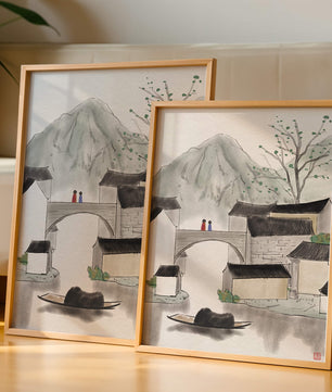 Serene mountain village ink painting with bridge and boat