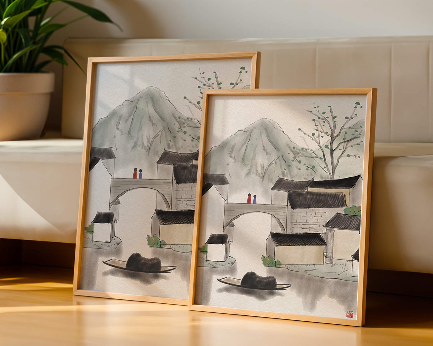 Serene mountain village ink painting with bridge and boat
