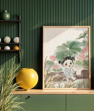 Charming illustration of a child with flowers and a bunny by the water