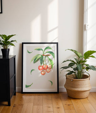 Ilustración realista de rama de cerezo con hojas verdes