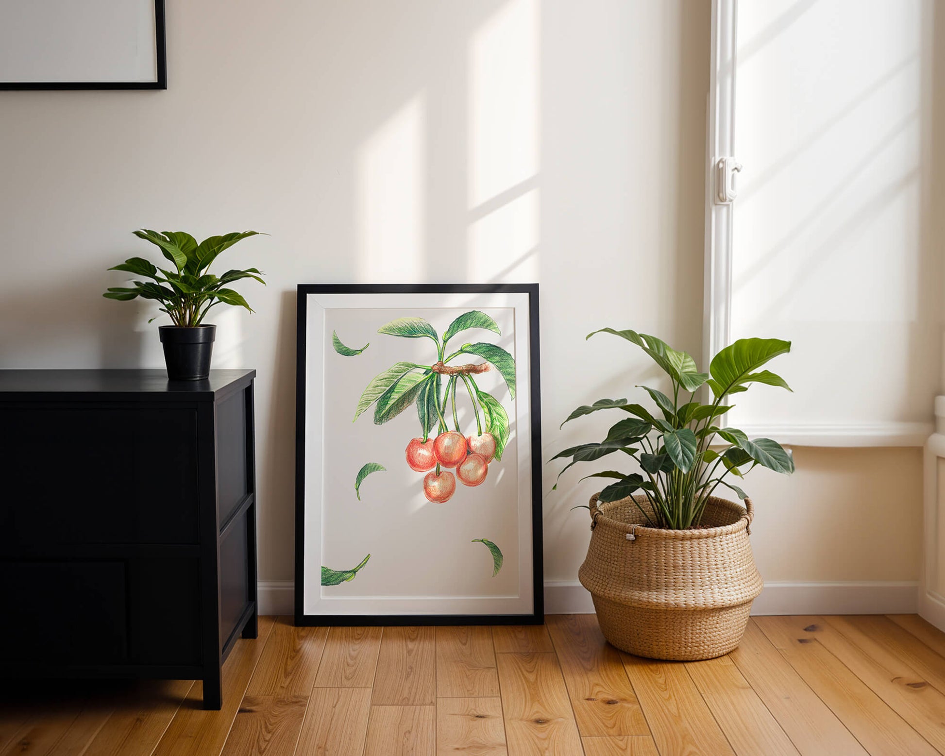 Realistic Illustration of Cherry Branch with Green Leaves