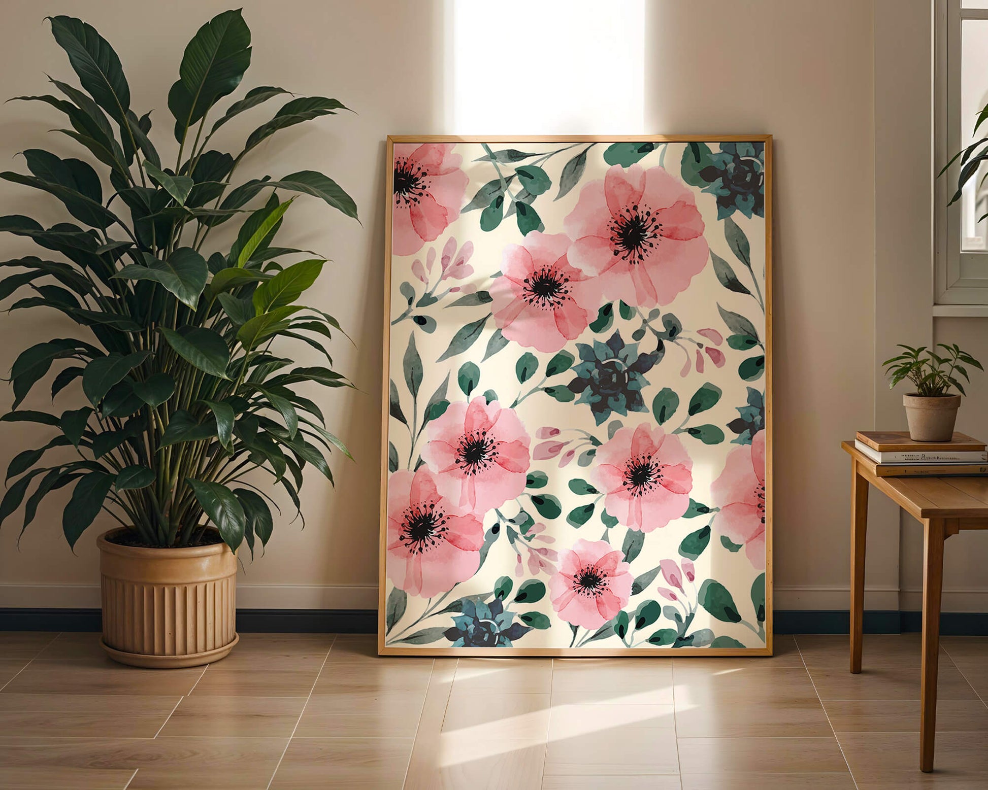 Floral Watercolor Pattern with Pink Flowers and Green Leaves