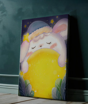Sleepy rabbit with starry hat holding a glowing ball in a dreamy night scene